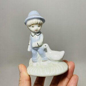 Crown Mark Farmer Boy Figurine Blue Outfit Duck Goose Country Farmhouse Easter